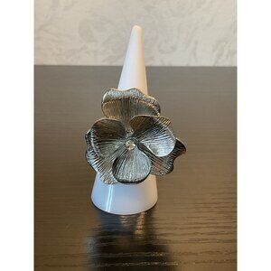 Adjustable Stretch Silver Tone Flower and Clear Rhinestone Ring
